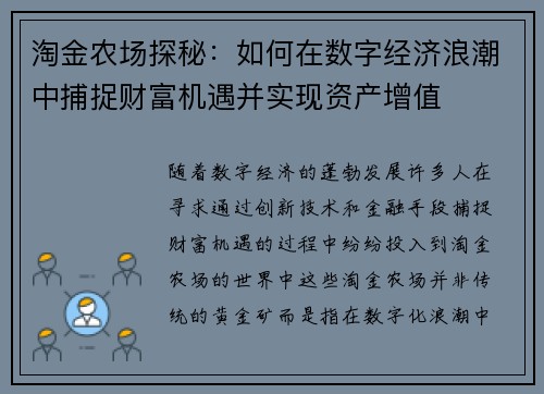 淘金农场探秘：如何在数字经济浪潮中捕捉财富机遇并实现资产增值